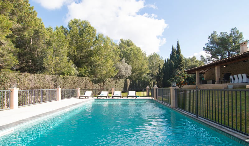 Piscine rectangulaire turquoise avec bains de soleil blancs, entourée d'une clôture noire et d'une forêt de pins.