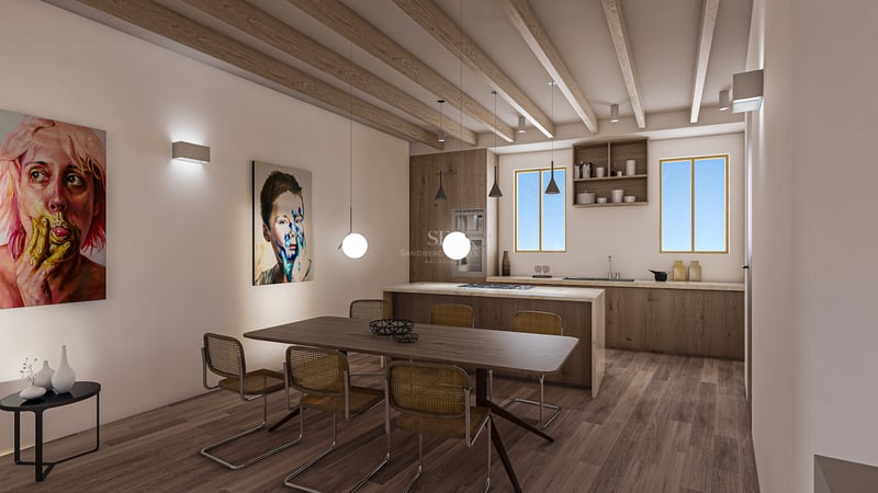 Moderne Küche mit Deckenbalken aus Holz, Marmorinsel, Holzschränken und Esstisch mit Korbstühlen.