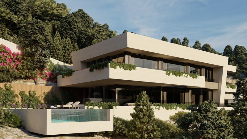 Villa moderne à plusieurs niveaux avec piscine en verre, terrasses en porte-à-faux et végétation luxuriante.