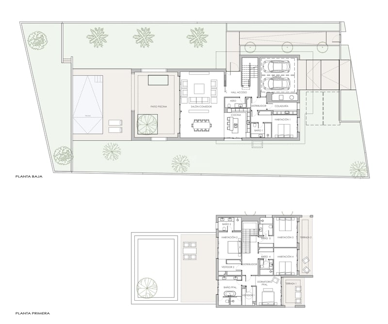 Plan architectural détaillé montrant l'aménagement de deux niveaux d'une villa de luxe avec piscine.