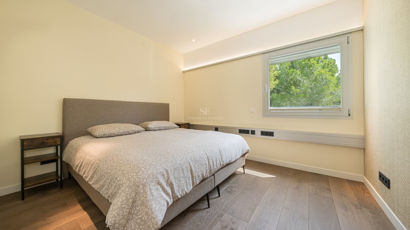 Chambre moderne avec lit rembourré, parquet en chêne et fenêtre donnant sur des pins verdoyants.