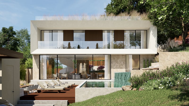 Façade d'une villa moderne avec piscine à débordement turquoise, terrasse en bois et grandes baies vitrées.