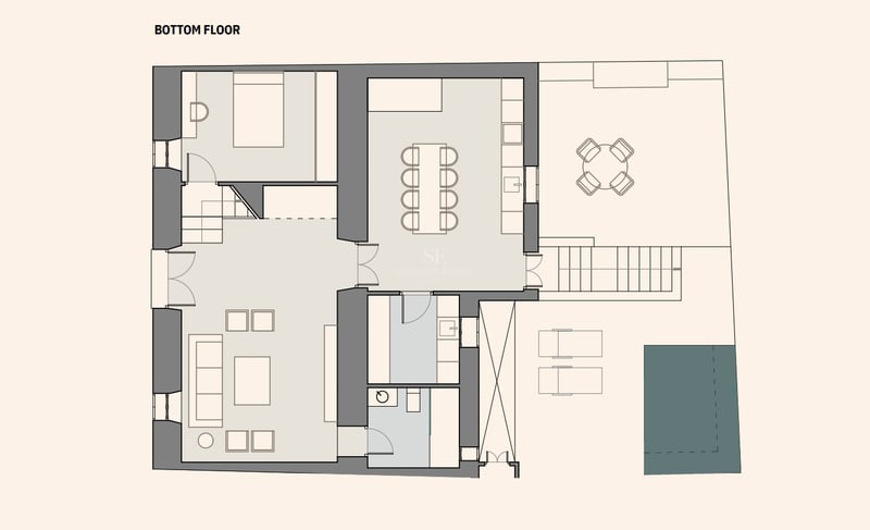 Plan d'architecte du rez-de-chaussée comprenant salon, cuisine, chambre, terrasse et piscine privée.