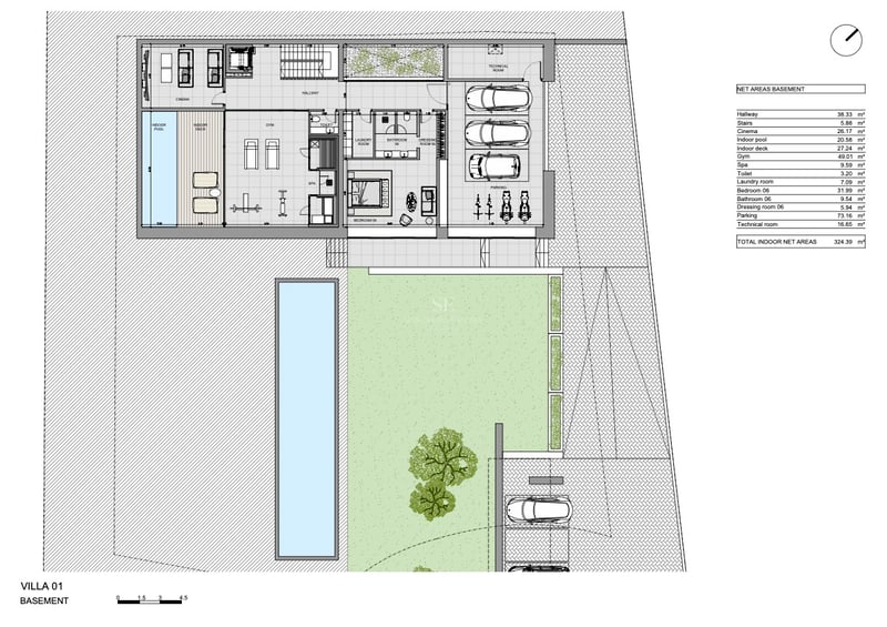 Plan d'architecte du sous-sol illustrant l'espace bien-être, la salle de sport, le cinéma et le garage triple.