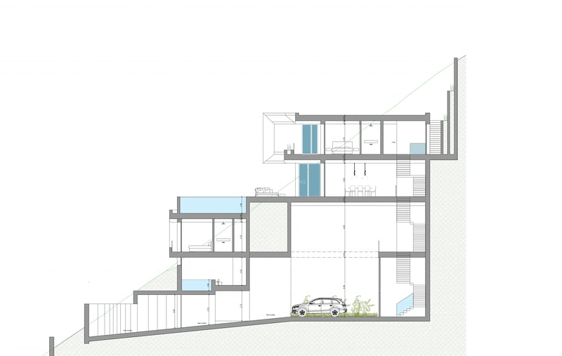 Dessin technique en coupe montrant l'aménagement sur plusieurs niveaux d'une villa de luxe sur un terrain en pente.