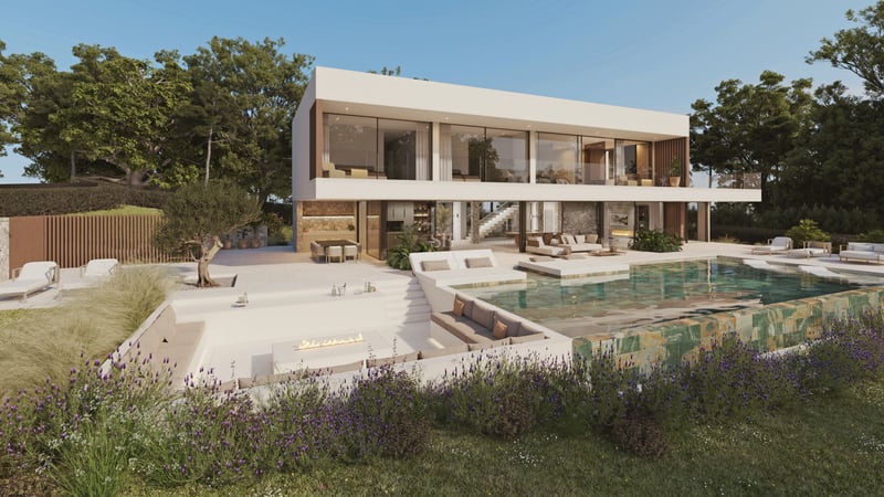 Villa blanche moderne avec piscine à débordement en pierre verte, foyer encastré et jardins luxuriants.