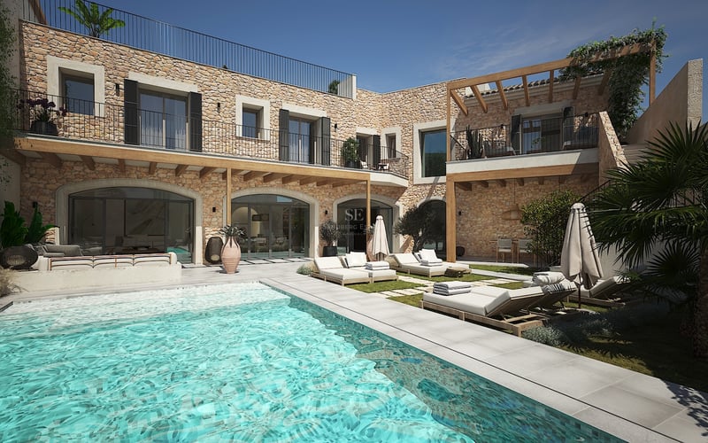 Exterior de villa de lujo con piscina turquesa, fachadas de piedra natural y elegantes tumbonas bajo pérgolas.