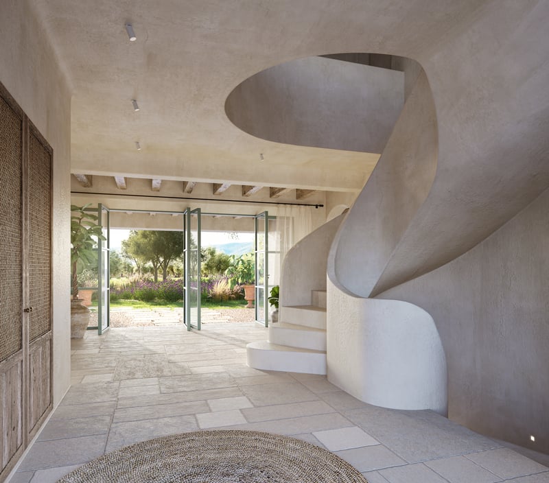 Entrée spacieuse avec escalier en colimaçon blanc, sol en pierre et portes vitrées ouvrant sur un jardin méditerranéen.