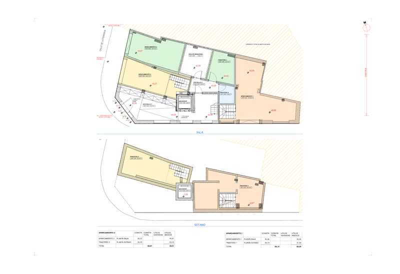 Detailed technical floor plans showing underground parking spaces, storage units, and lift access.