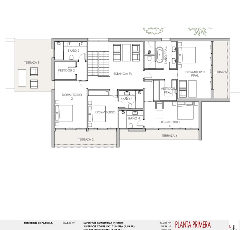 Plan d'architecte du premier étage comprenant quatre chambres, salles de bains attenantes, salon TV et terrasses.
