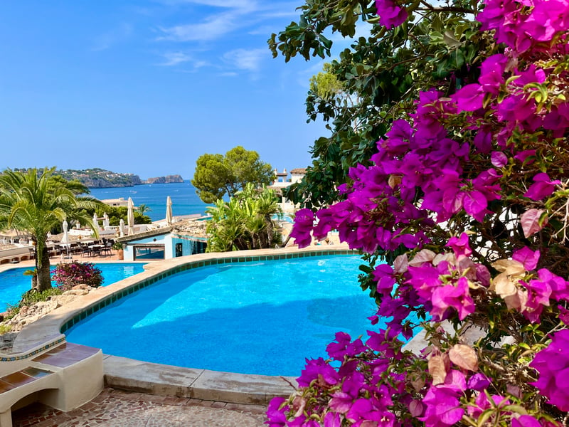 Piscine à plusieurs niveaux entourée de bougainvilliers violets surplombant la mer Méditerranée.