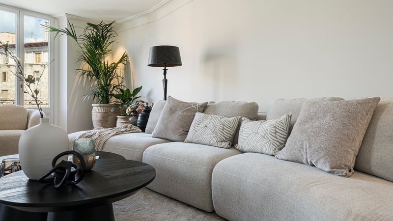 Beige modular sofa, black coffee table, and indoor plant in front of a large window overlooking historic architecture.