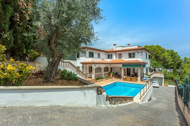 Luxueuse villa méditerranéenne blanche avec piscine étincelante, toit en terre cuite et grand olivier au premier plan.