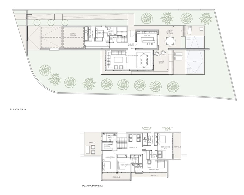 Plan architectural montrant une villa de luxe sur deux niveaux avec piscine, jardin, garage et espaces de vie ouverts.
