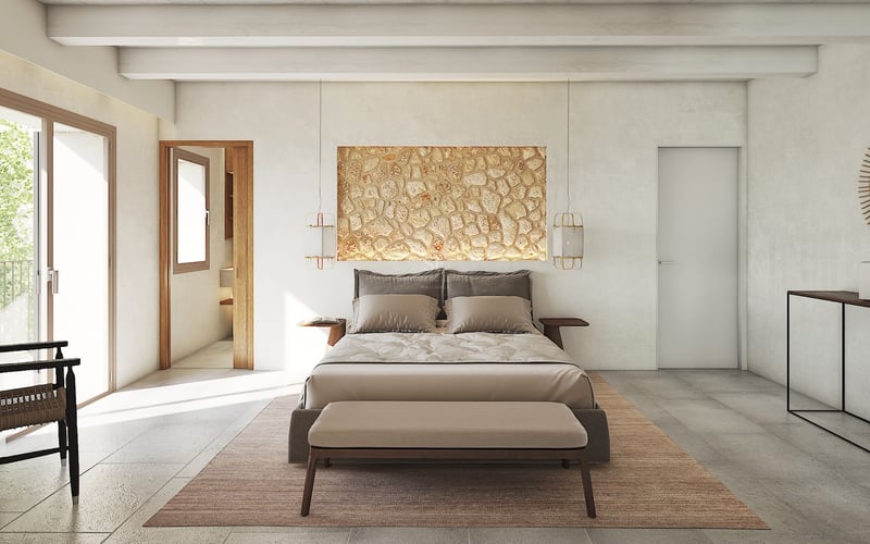 Dormitorio principal moderno con pared de piedra natural, vigas vistas y puertas de cristal de suelo a techo.