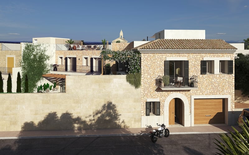 Fachada de villa de lujo con piedra natural, tejado de terracota, entrada en arco y terraza en la azotea.