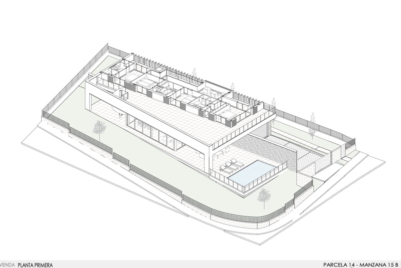 Plan d'architecte isométrique en 3D montrant le premier étage d'une villa moderne, les chambres et la terrasse avec piscine.