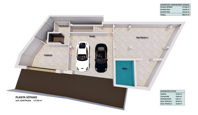 Plan architectural 3D d'un sous-sol moderne avec garage pour deux voitures, locaux techniques et ascenseur.