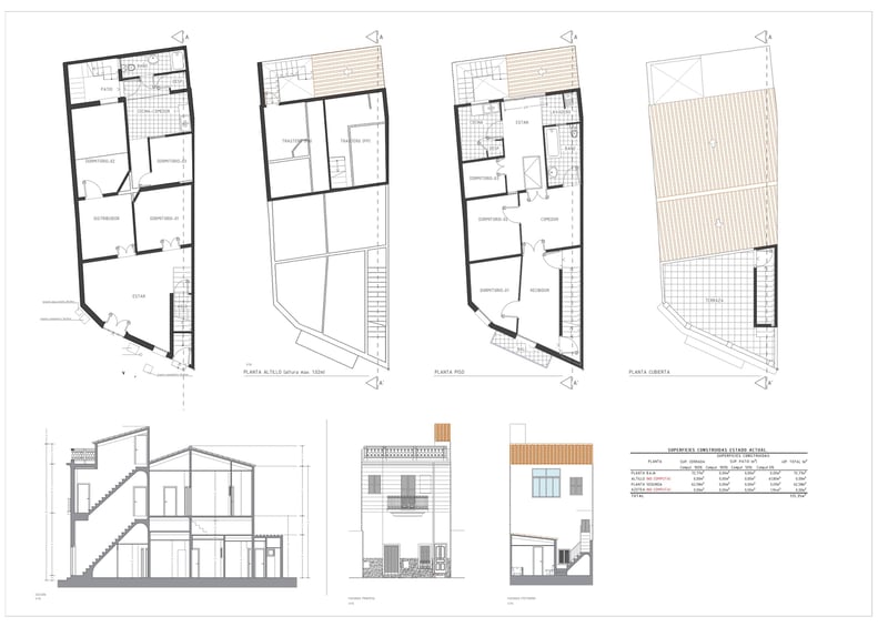 Detaillierte Architekturzeichnungen eines mediterranen Hauses mit vier Ebenen, Schnitten und Fassadenansichten.