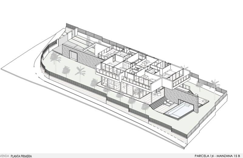 Dessin axonométrique 3D d'une villa moderne de deux étages avec piscine, terrasses et aménagement intérieur.