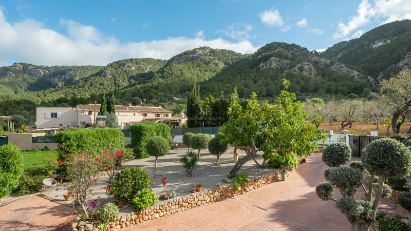 Jardin paysager avec allées en terre cuite, gravier et arbustes taillés devant des montagnes boisées.