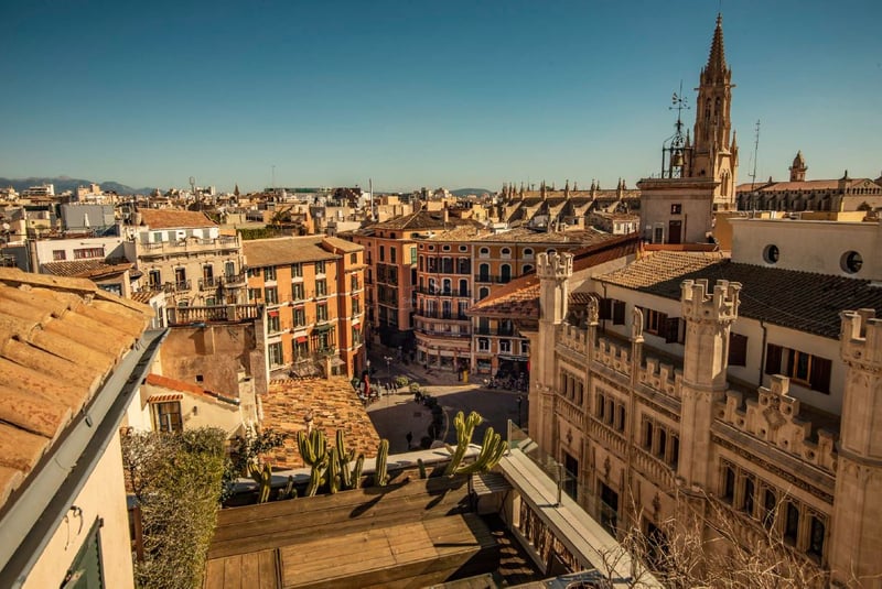 Vista elevada de los tejados mediterráneos y el pináculo de una catedral gótica bajo un cielo azul despejado.