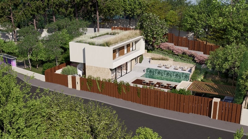 Vue aérienne d'une villa moderne de deux étages avec toit végétal, piscine à débordement et jardins.