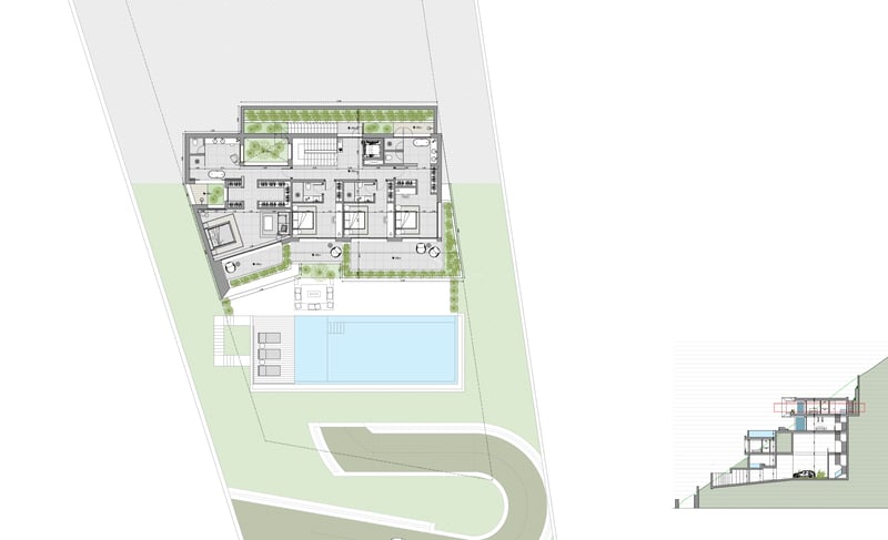 Plan d'architecte et coupe latérale d'une villa moderne à plusieurs niveaux avec piscine à débordement.