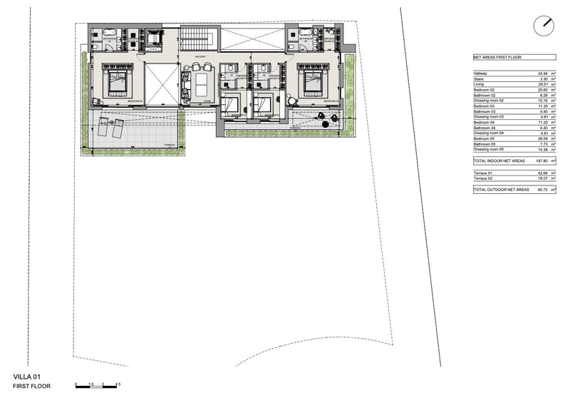 Plan architectural du premier étage montrant quatre chambres avec salles de bains privatives et grandes terrasses.