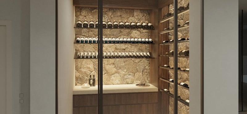 Cave à vin moderne avec portes vitrées, murs en pierre naturelle et étagères à vin éclairées.