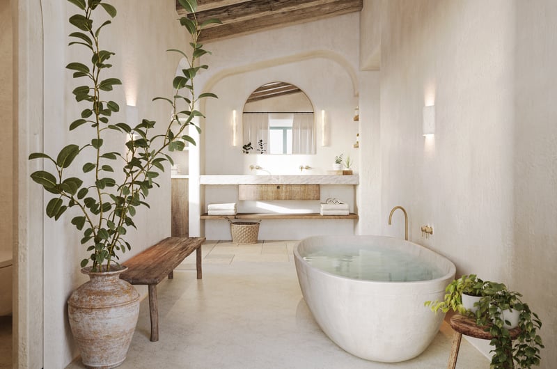 Salle de bains de luxe rustique avec baignoire îlot blanche, vanité en pierre, poutres en bois et arches.