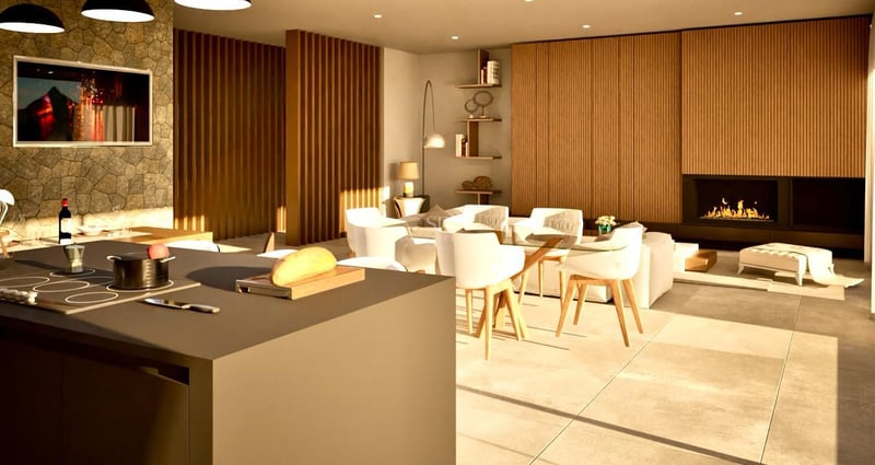 Grand salon moderne avec cheminée, salle à manger intégrée et finitions en bois haut de gamme.