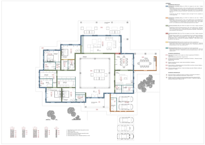 Plan architectural détaillé montrant la disposition des pièces, du garage et des terrasses d'une villa de luxe.