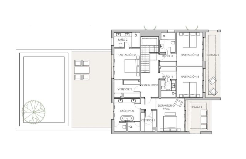 Plan d'étage détaillé avec 4 chambres, suite parentale avec dressing, salles de bains, terrasse et espace piscine.