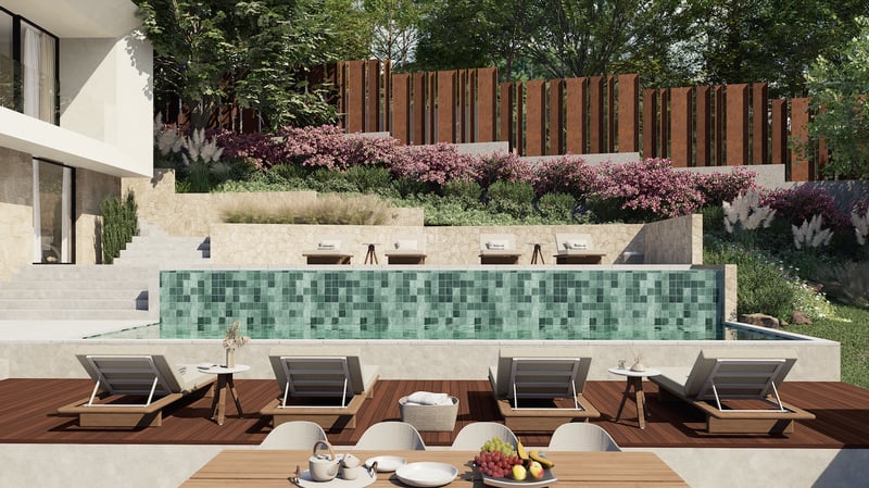 Piscine de luxe avec bains de soleil, terrasse en bois, murs en pierre naturelle et jardins paysagers en restanques.