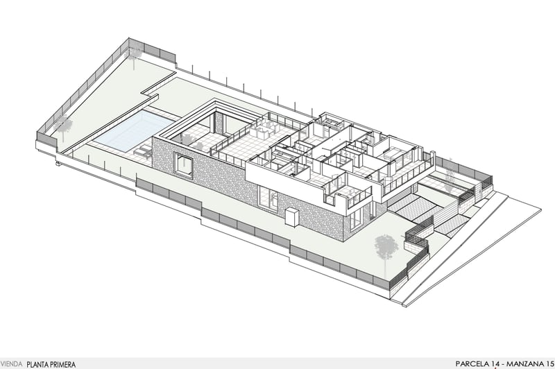 Plan d'étage isométrique en 3D d'une villa moderne de plain-pied avec piscine, grande terrasse et quatre chambres.