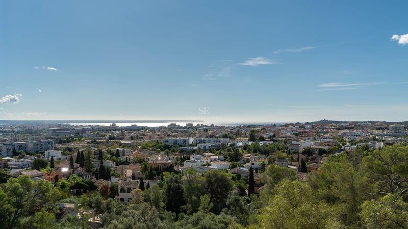 Vue panoramique en hauteur d'une ville méditerranéenne avec des arbres verdoyants et la mer au loin.
