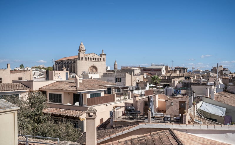 Vue surélevée de toits traditionnels en terre cuite et d'une majestueuse cathédrale en pierre sous un ciel bleu clair.