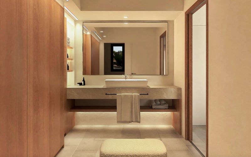 Meuble vasque moderne avec plan de travail en pierre flottant, vasque à poser et menuiserie en bois chaleureux.
