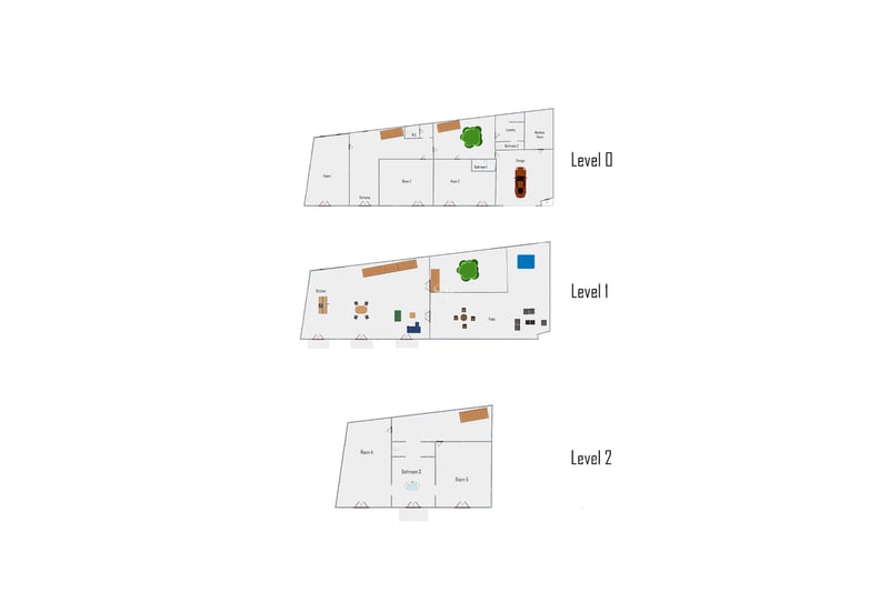 Plan d'étage montrant trois niveaux d'une propriété avec garage, cuisine, patio et plusieurs chambres.