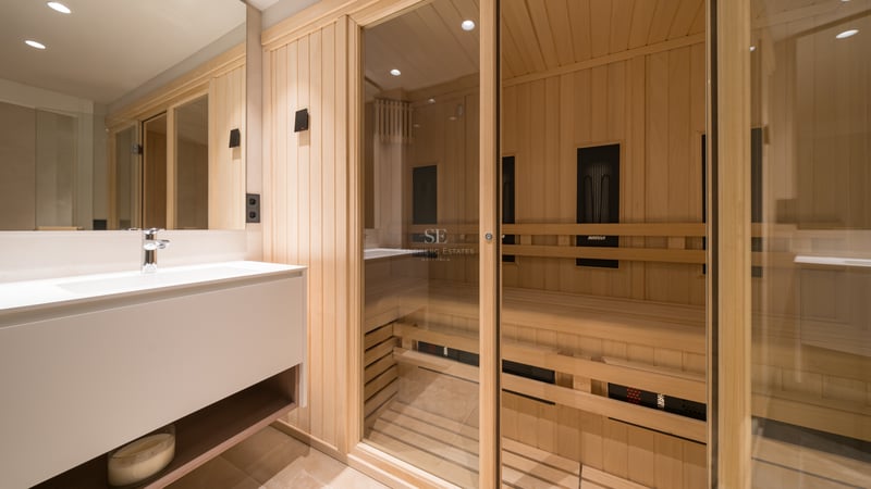 Sauna moderne en bois clair avec porte vitrée à côté d'un meuble vasque blanc minimaliste.