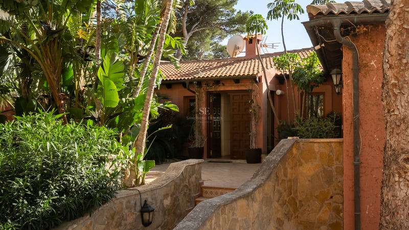 Entrée de villa aux tons chauds avec porte en bois, chemin en pierre et végétation tropicale sous un soleil radieux.