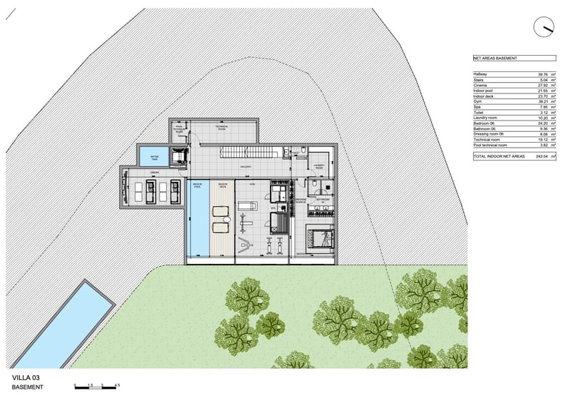 Plan d'architecte du sous-sol d'une villa de luxe avec piscine intérieure, salle de sport, cinéma et suite d'invités.