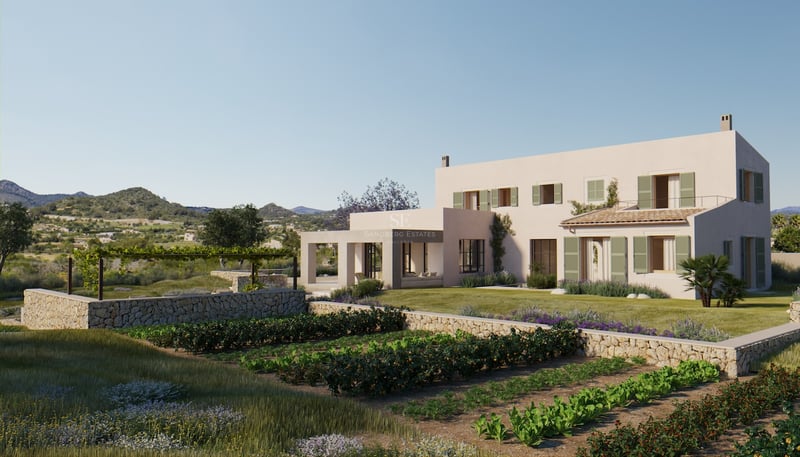 Villa moderne de deux étages couleur sable avec volets verts, potager et murs en pierre sèche.