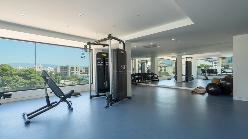 Salle de fitness de luxe avec baies vitrées, équipement Technogym, grands miroirs et sol en caoutchouc bleu.