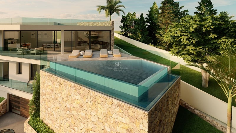 Vue aérienne d'une villa luxueuse avec piscine à débordement, jardin impeccable et architecture moderne. Façade blanche, grandes baies vitrées et design minimaliste.