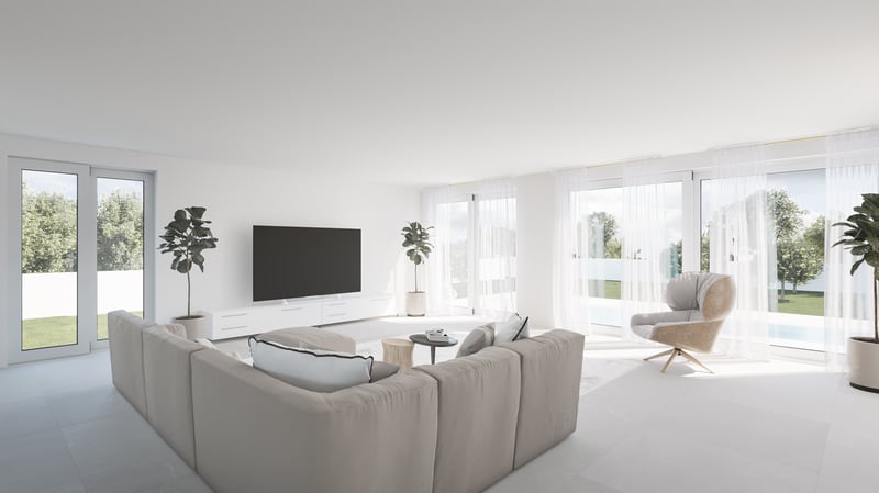 Salon lumineux avec canapé beige, baies vitrées et vue sur un jardin avec piscine.