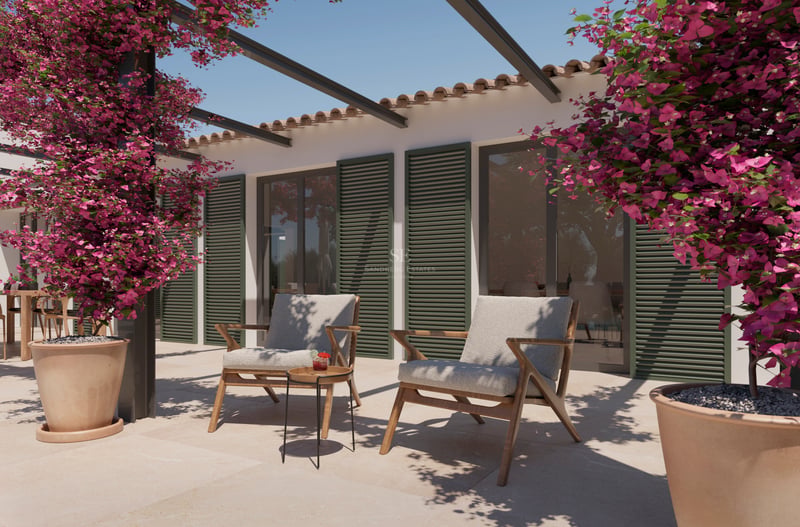 Terrasse en pierre avec deux fauteuils en bois, volets verts et bougainvilliers roses éclatants sous un ciel clair.