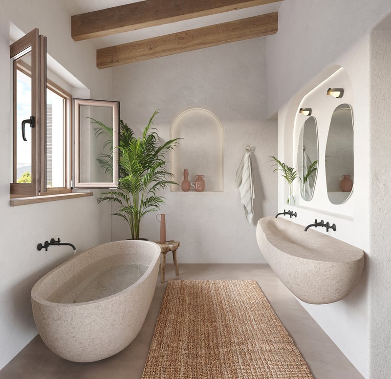 Baignoire et lavabo en pierre sculptée dans une salle de bain avec poutres en bois et murs en plâtre.