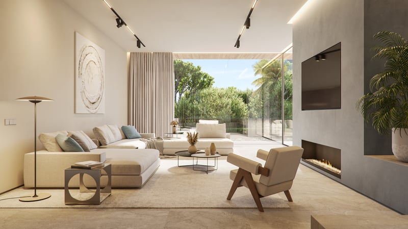 Salon de luxe contemporain avec baies vitrées, canapés modulables crème et fauteuil design en bois.